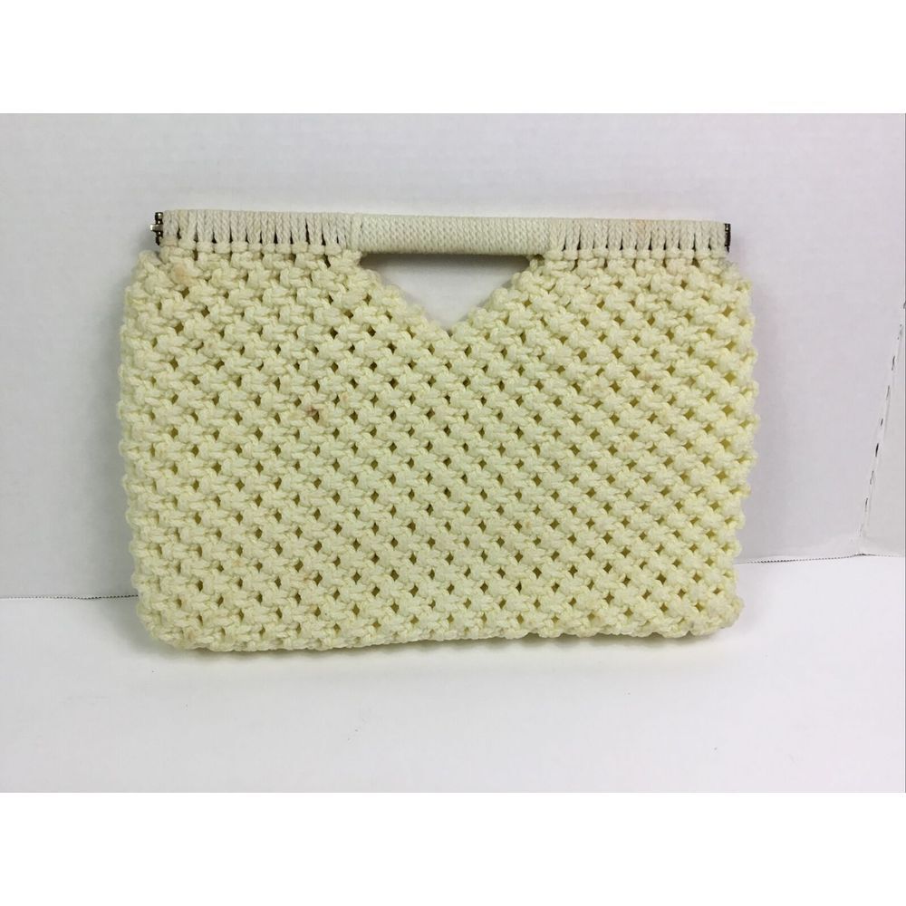 Vintage Macrame Crocheted Handbag Handmade Purse Ivory Pocketbook 13x9 In View 3